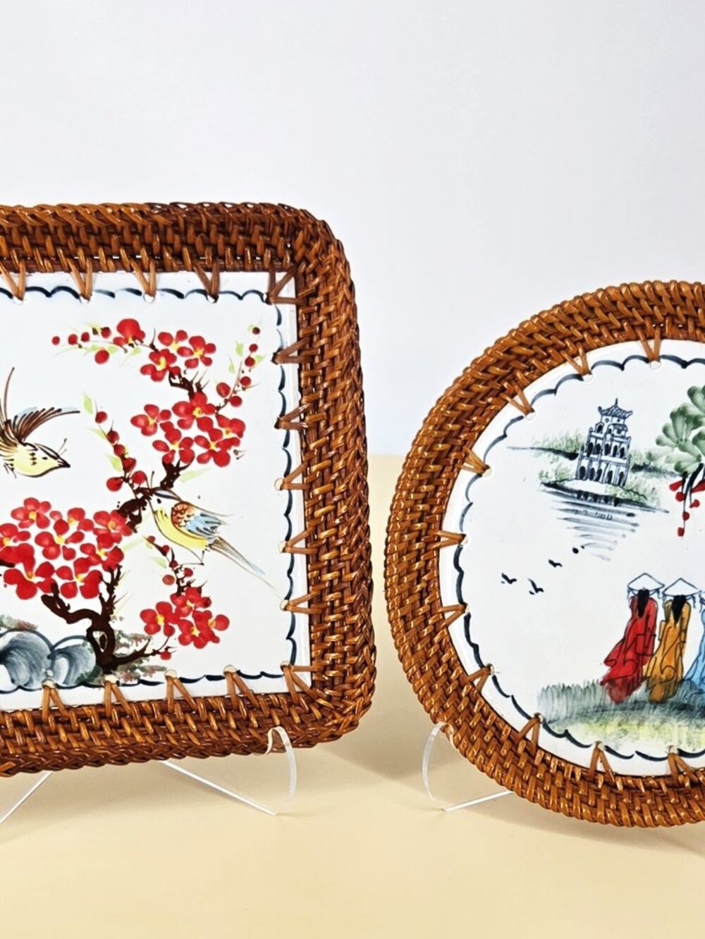 Pair VTG Binh Lau Handmade Painted Tiles w/Woven Rattan Edges Made in Viet Nam